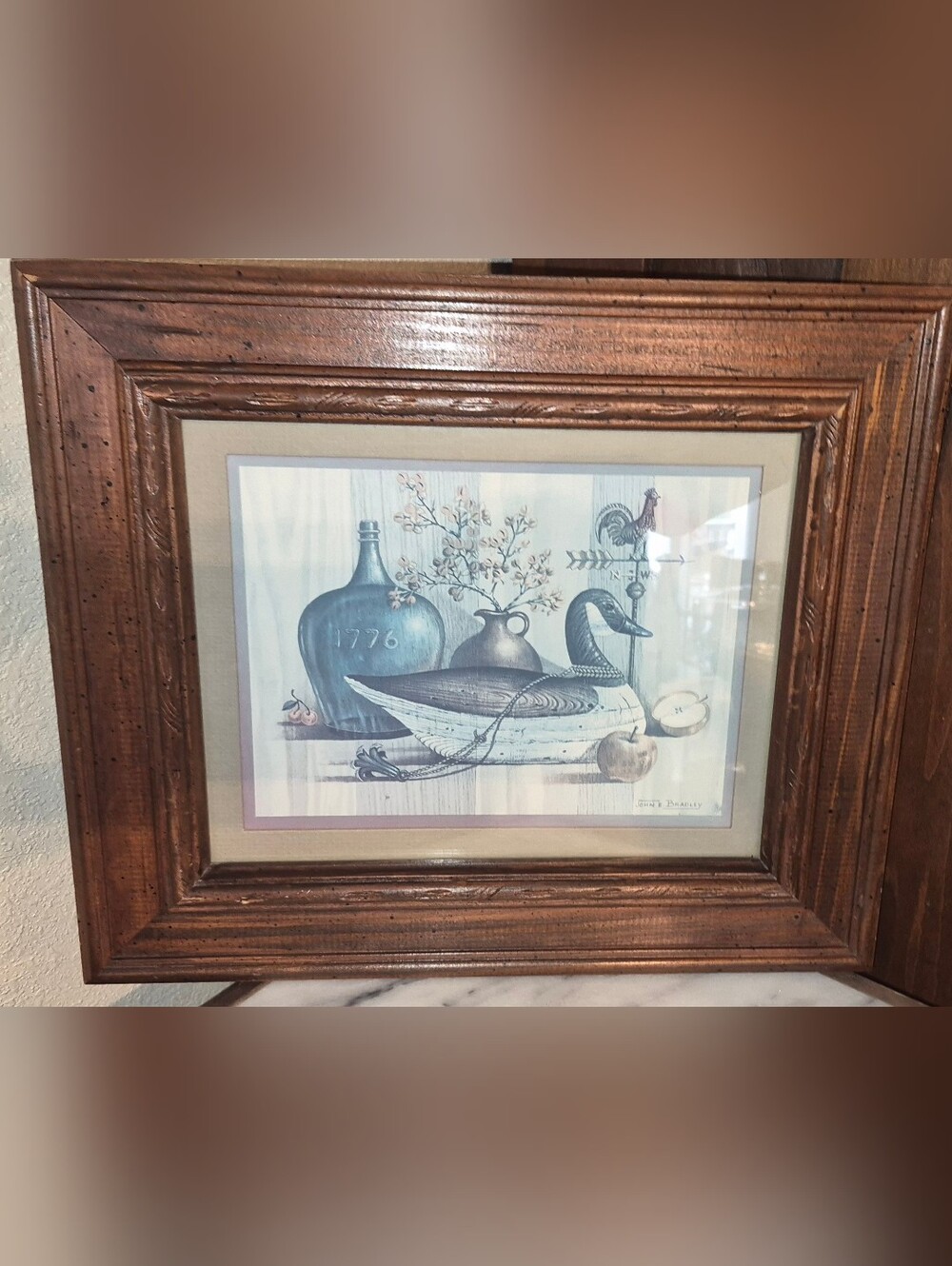Vintage Rustic framed folk art print featuring a duck decoy, a jug marked "1776"